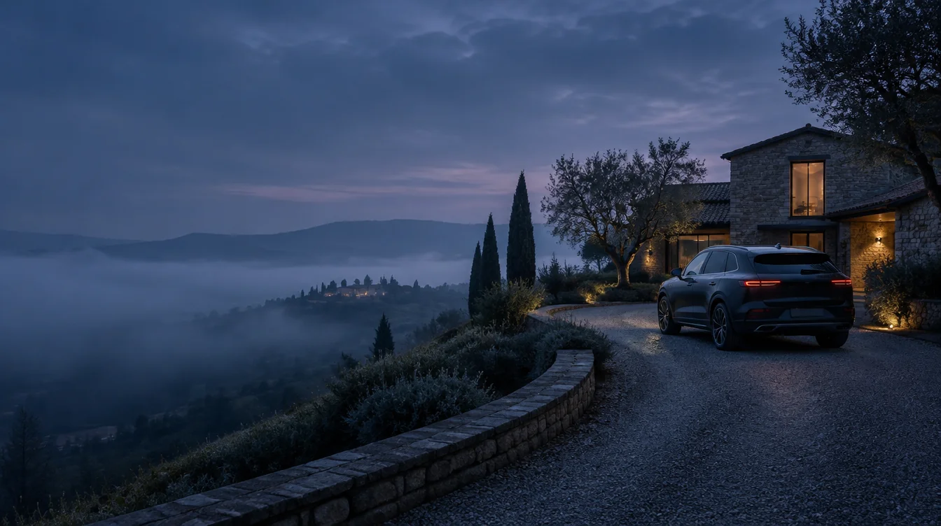 Discreet vehicle approaching a quiet country residence at dusk