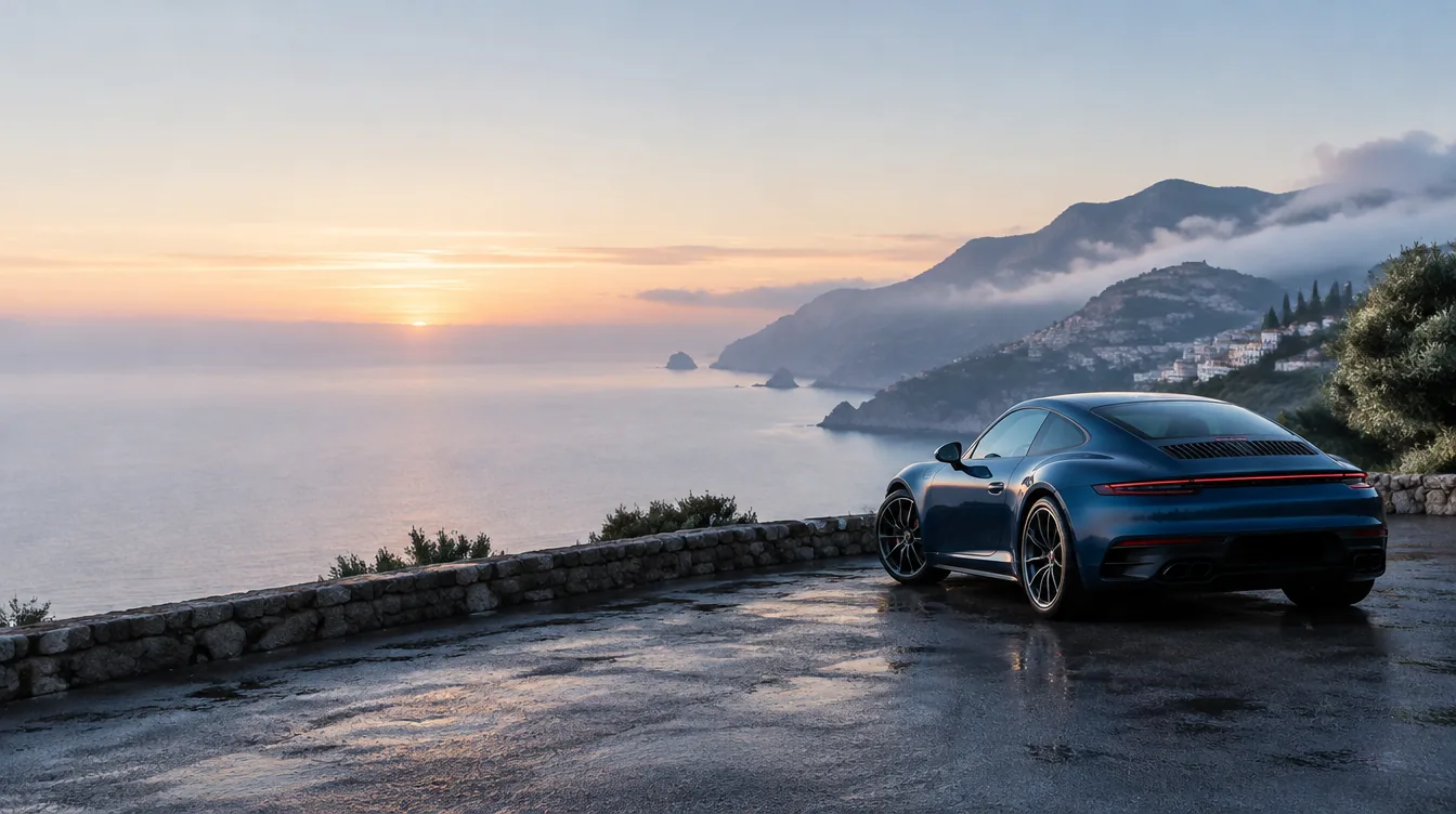 Dark vehicle on a coastal road at dusk